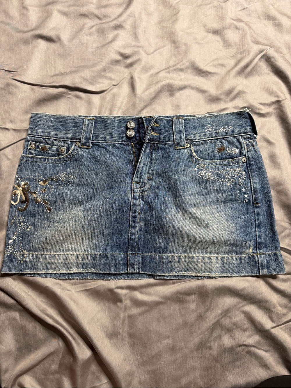 Kali Denim Mini Skirt with Embroidered Floral Accents